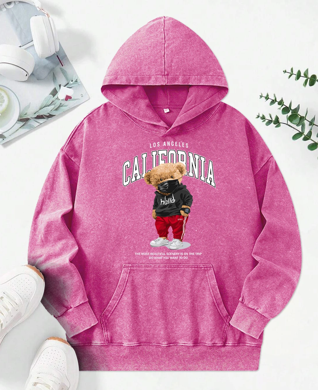 California Mask Cool Bear Printing Washed Hoodie Hip Hop Fashion Hoody All-Match Loose Pullover Y2K Oversized Cotton Clothing