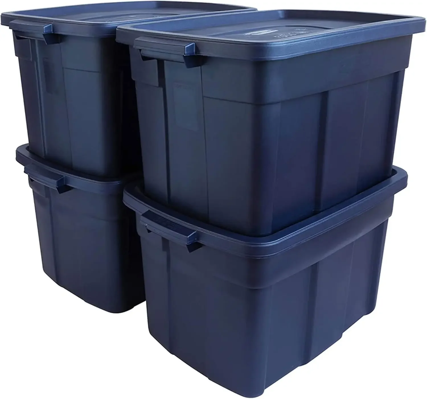 Rubbermaid Roughneck Tote 25 Gal, 4 Pack, Made in USA, Dark Indigo Metallic, Rugged Plastic Stackable Storage Bins with Lids and