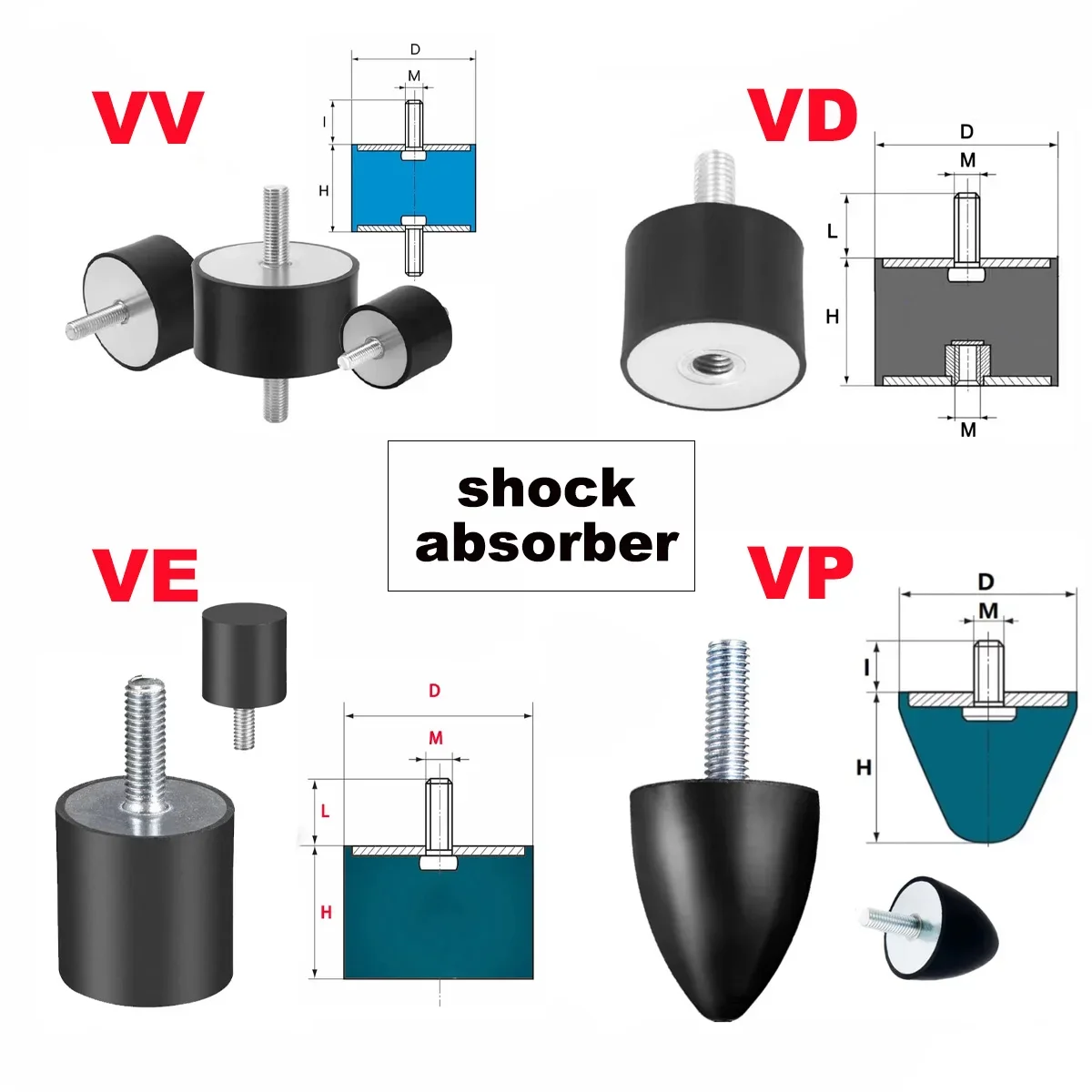 1pcs VV/VP/VD/VE-Type Male Thread Rubber Shock Absorber Crash Pad M3 M5 M6 M8 M10 M12 M16 Damper Anti Vibration Isolation Mount