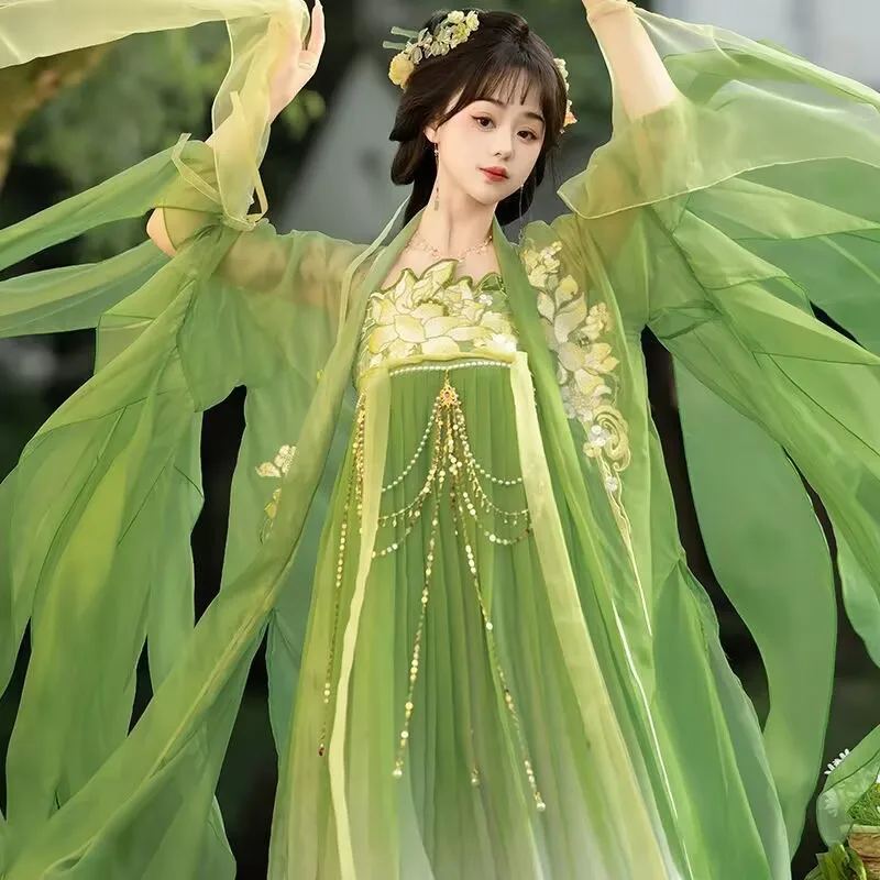 

2025 Chinese Hanfu Dress Women Carnival Cosplay Costume Ancient Tang Dynasty Embroidered Green&Blue Gradient Hanfu Party Dress