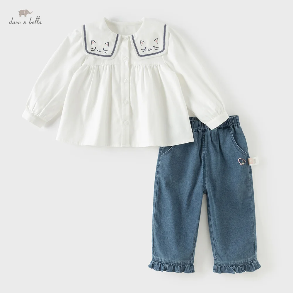 Dave Bella Baby Shirt Pants Two Piece Suits Spring Autumn Girls Sets Sweet White Top Elastic Trousers Children Clothes DB1260965