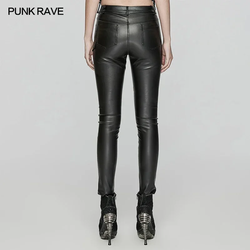 PUNK RAVE-Leggings tissés en sergé punk pour femmes, modules en cuir verni des deux côtés, beau et personnalisé, fjStreetwear