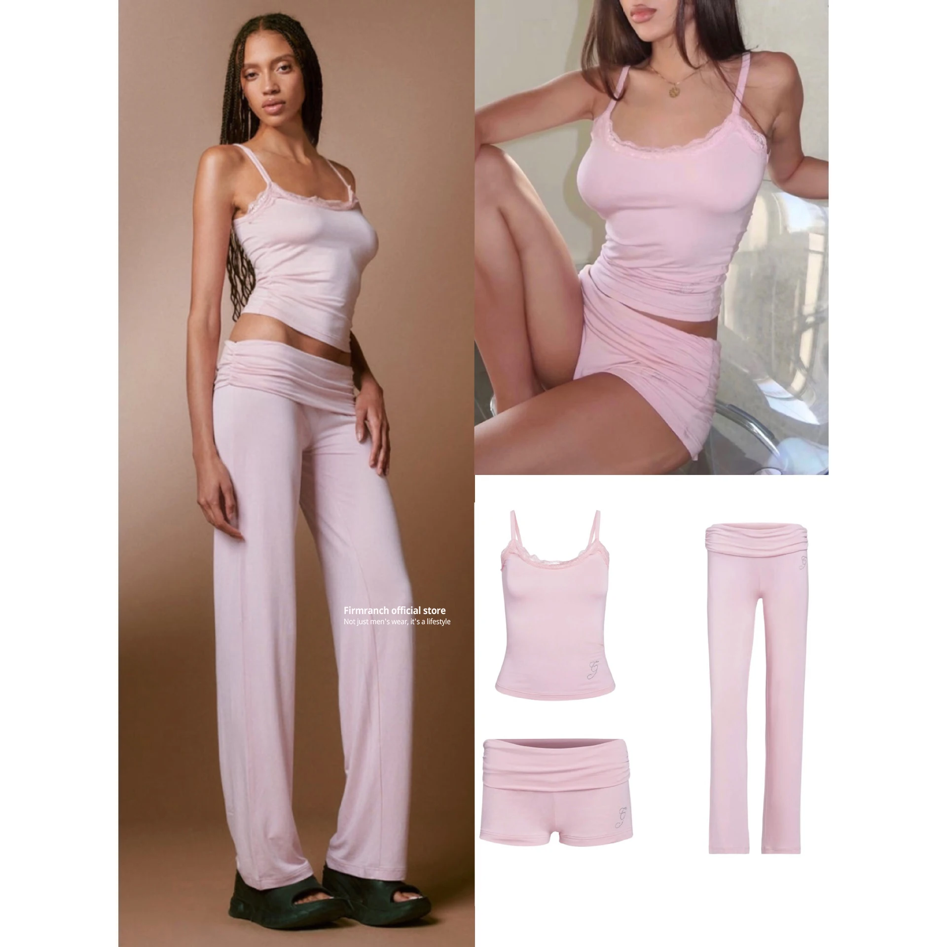 Firmranch Lace Trimmed, Skin-Friendly, Baby Pink And Blue Rhinestone Skinny Tank Top Weskit And Leggings Pants Set For Women