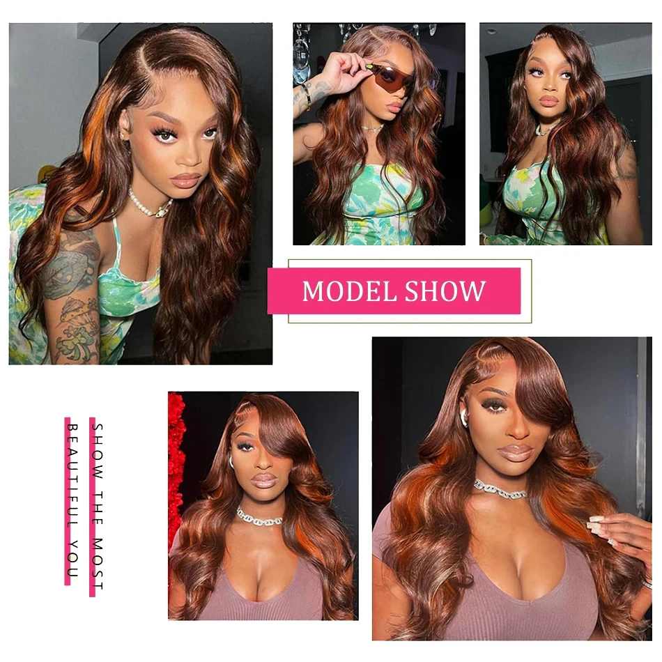 لا الحرير # 4/350 النحاس الأحمر تسليط الضوء على أومبير الجسم موجة شعر مستعار شعر الإنسان الفيتنامية الزنجبيل مختلط البني 5x5 الدانتيل أمامي غلويليس الباروكات