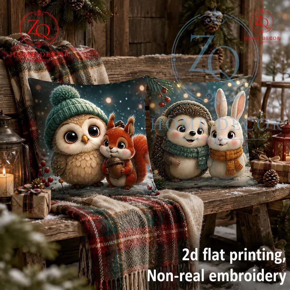 The winter snow scene paired with cute  comting animal figures crees a warm  cozy mosphere