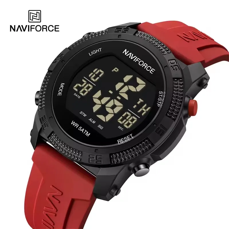 NAVIFORCE 7104 الرياضة الرجال LCD الرقمية الترفيه تاريخ الأسبوع ساعة تنبيه مقاوم للماء سيليكون حزام ساعة إلكترونية الإلكترونية
