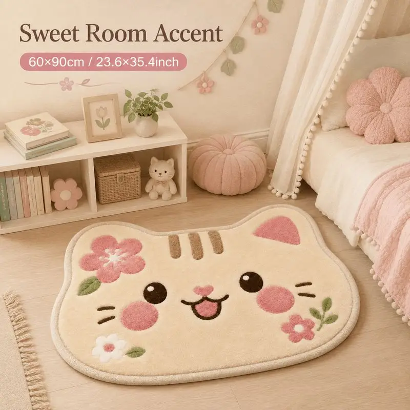 VIKAMA Cute Cat Face Rug Pink Flower Kitty Pattern Soft Floor Mat Bedroom Girls Room Carpet Sweet Home Accent Decor