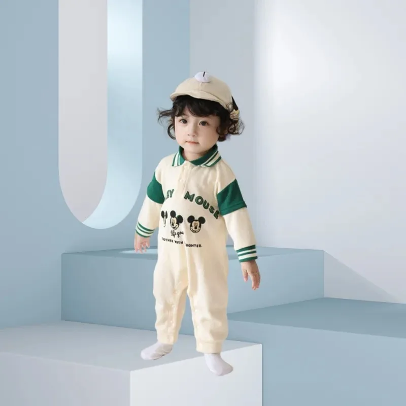 

Весенне-осенний комбинезон Disney с длинными рукавами, воротником и полосатым принтом Микки Мауса, детская одежда для прогулок на свежем воздухе