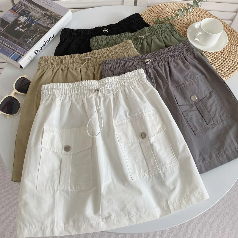 Y2K Women Cargo Skirt Summer Casual Drawstring Loose A Line Skirt Korean High Waist Baggy Pocket Female Solid Mini Skirts