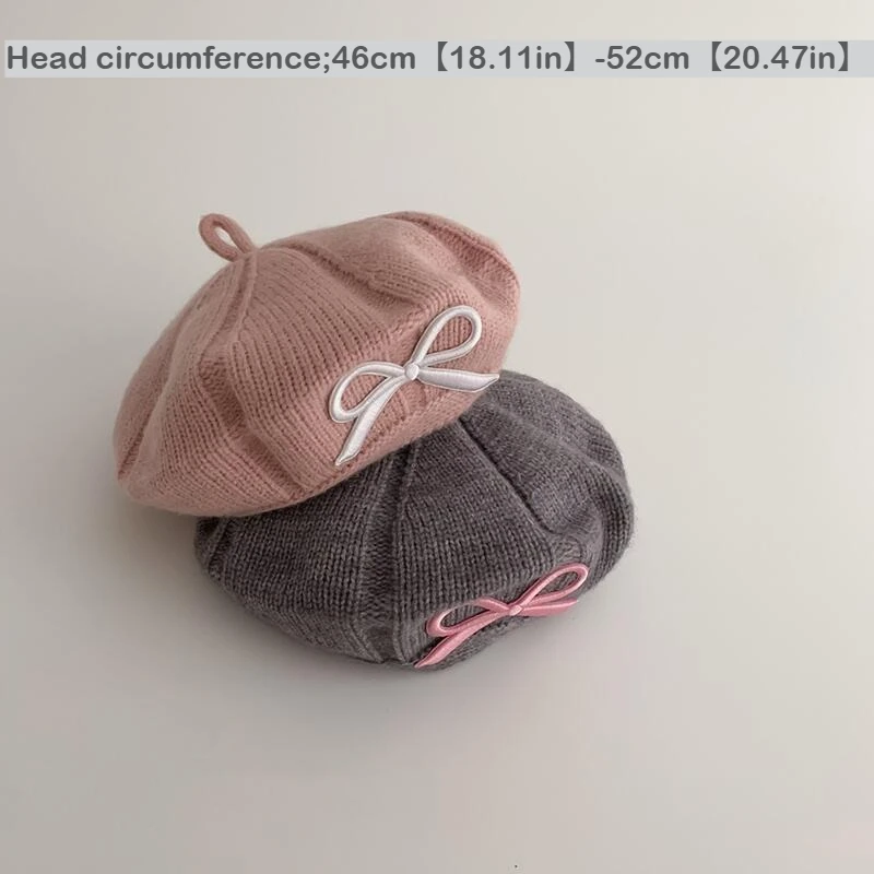 1 قبعة محبوكة للأطفال مع زخرفة على شكل فيونكة باللون الرمادي الوردي، قبعة فنية لطيفة على الموضة للأطفال