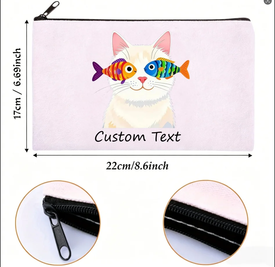 1PC Custom Text Cute White Cat With Colorful Fish Eyes Cosmetic Bag Personalized Canvas Zipper Makeup Storage Pouch