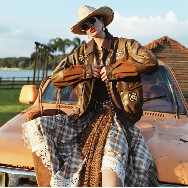 

116-120 см, осенние короткие куртки с бюстом, женские американские ретро значки с вышивкой и нашивкой, повседневная свободная куртка из искусственной кожи, короткие пальто