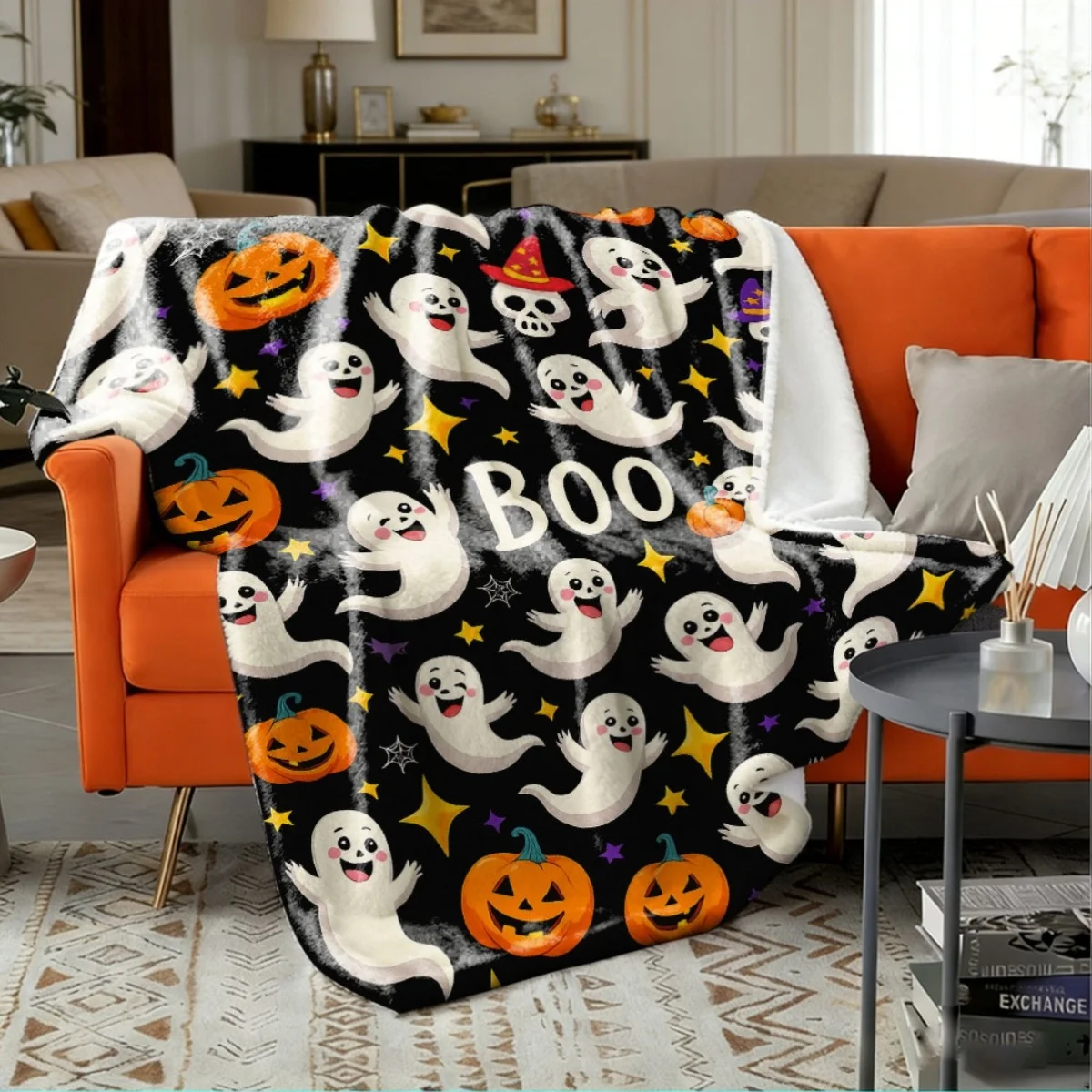 Halloween Blanket with BOO Ghosts, Pumpkins & Bats - Soft Flannel Bedspread Suitable for Sofa, Bed, Floor Decor 280GSM Cozy Orange, Black, White Throw for Year-Round Use, Contemporary Bedding for Rooms And Spooky Season Parties