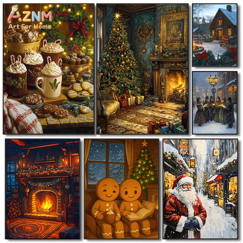 AZNM Warm Vintage Christmas Canvas Wall Art Santa Gingerbread Man Fireplace Snowy Winter Town Scene Oil Painting Festive Holiday