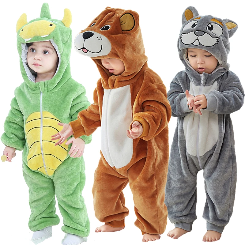 Baby Romper for Boys Girls Newborn 0 to 3 6 9 12 18 24 Months Flannel Winter Toddler Kids Jumpsuit Hooded Kigurumi Dinosaur Bear