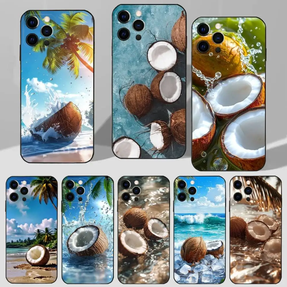 

Tropical Art Fruits Coconut Phone Case For iPhone 16,15,14,13,12,11 Plus,Pro Max,XS,X,XR,SE,Mini,8,7 Soft Silicone Black Cover