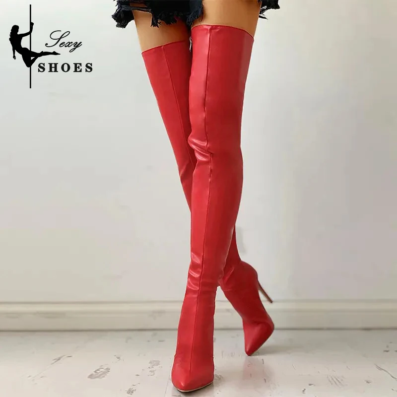 Women Boots Matte Black Pointy Toe Thigh High Long Boots Autumn Winter Zip Over-the-Knee Boots Party Shoes Plus Size 46 Stiletto