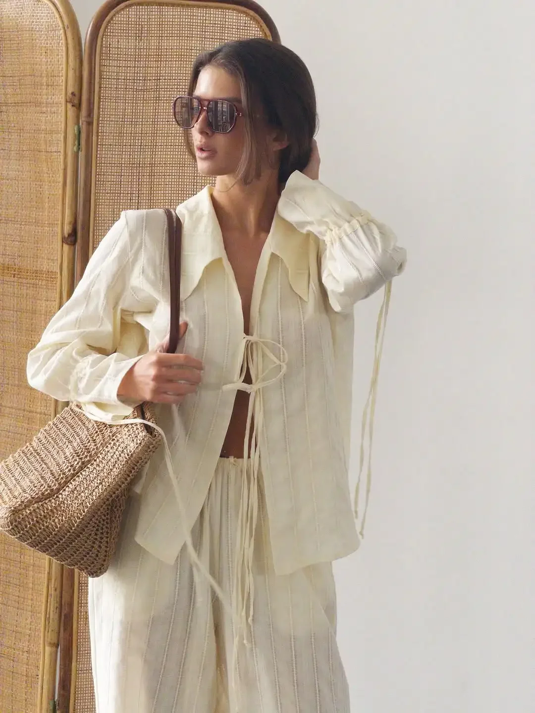 Solid Color Lace Up Long Sleeve Shirt Pants Sets Women Fashion Button Down Loose Top Wide Leg Pant 2 Piece Suit 2026 New Outfit