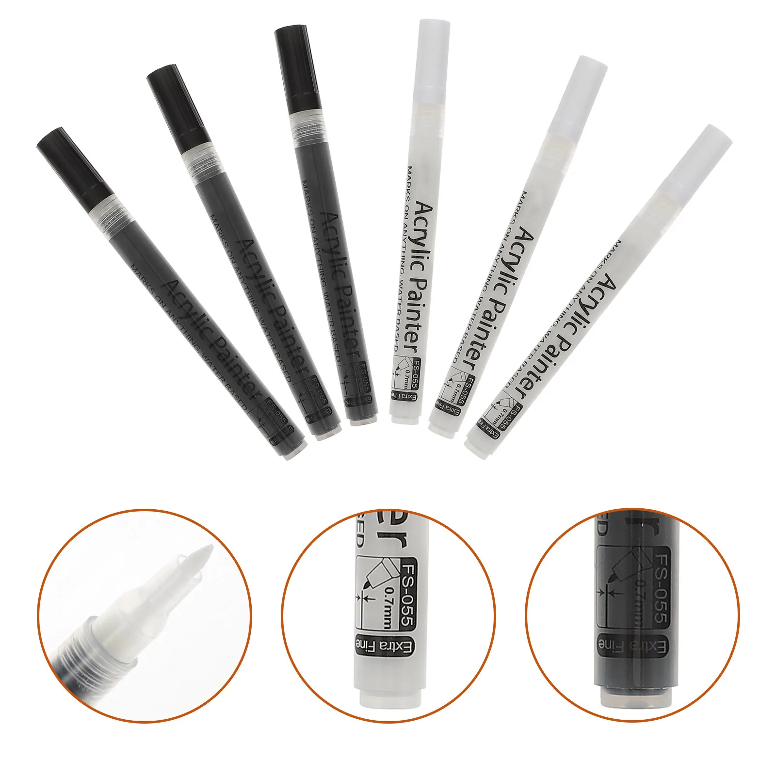 6Pcs Odorless Acrylic Marker Pens Safe Non Leaking White Black for Drawing Painting Coloring Art Supplies Note Taking Pens