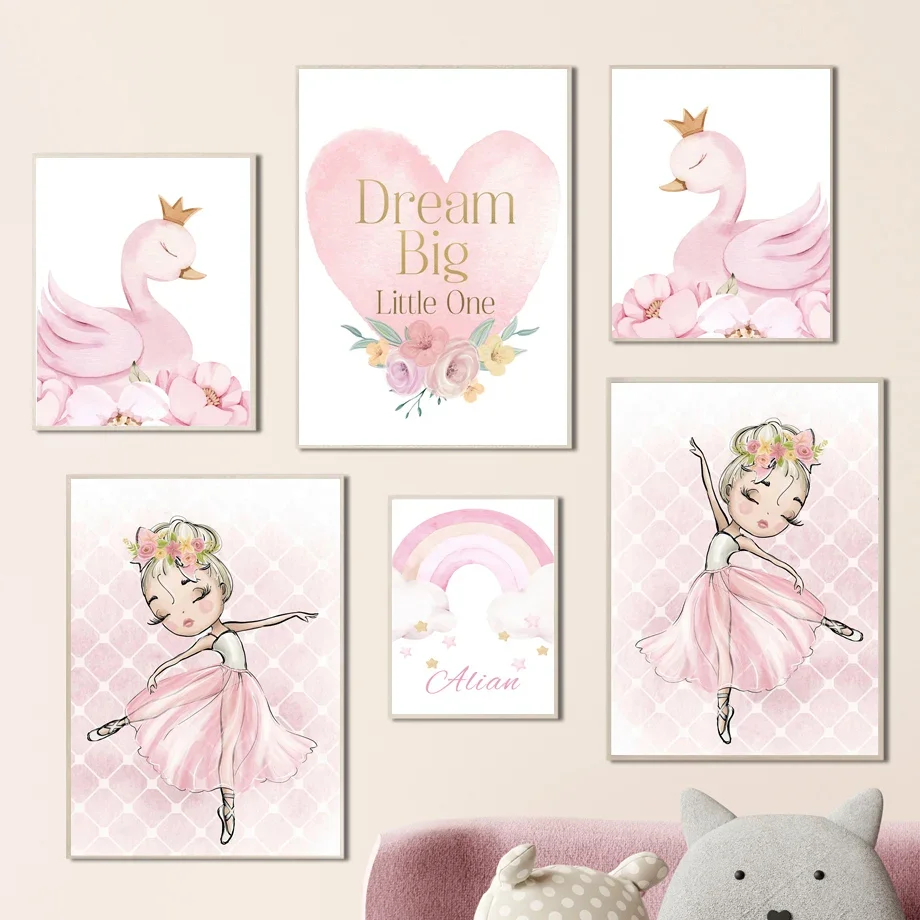 Pink Ballerina Swan Rainbow Cloud Heart Flower Wall Art Canvas Painting Nordic Posters And Prints Wall Pictures Kids Room Decor