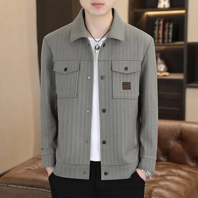 

2025 Spring Autumn Men's Solid Color Jacket Korean Slim Fit Striped Casual Versatile Coat Social Streetwear Outwear Men Clothing