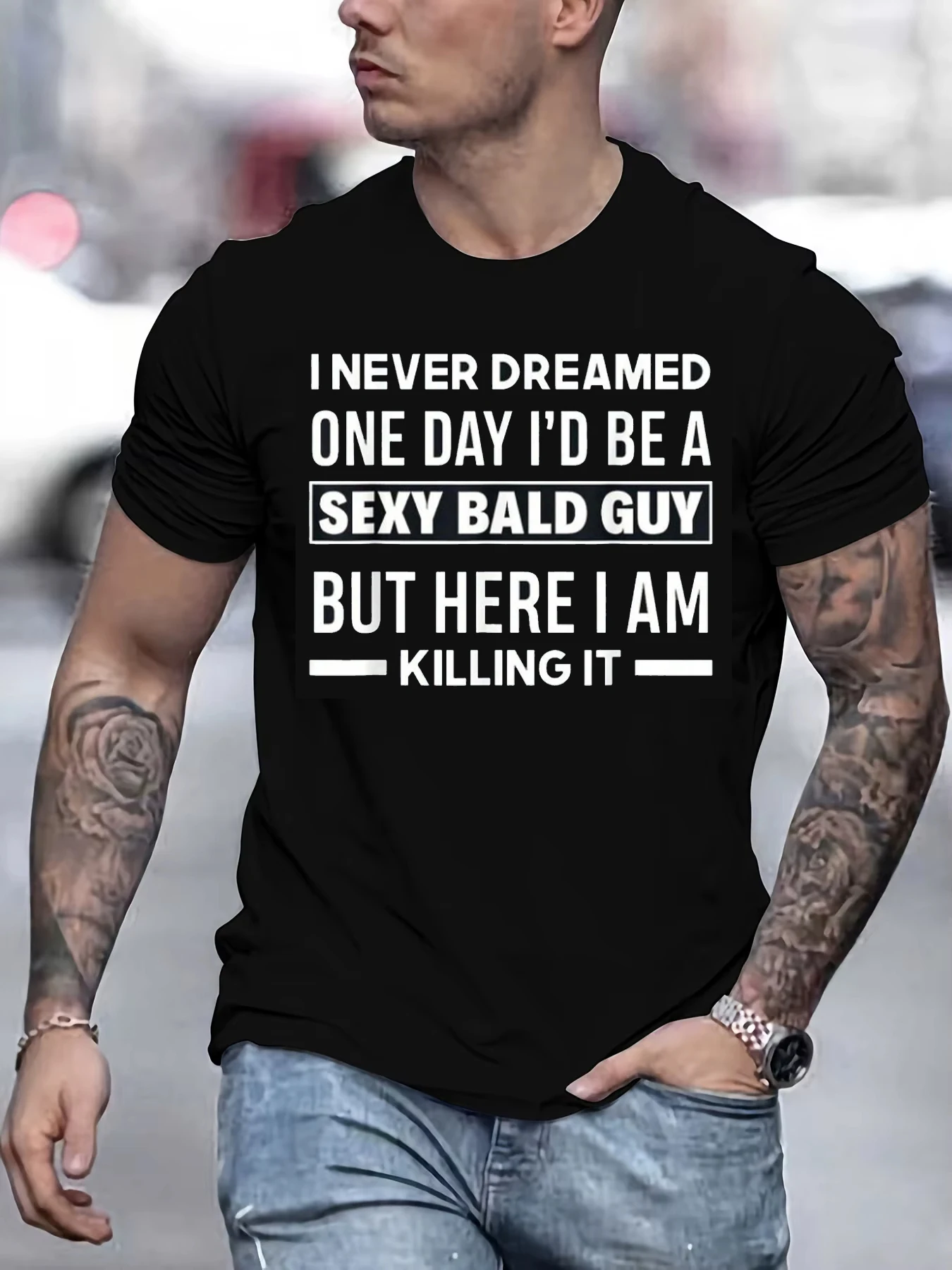 Funny Bald Head Graphic Printed Men's T-shirt Summer Casual Sports Round Neck Short Sleeve Loose Cotton Pullover Top