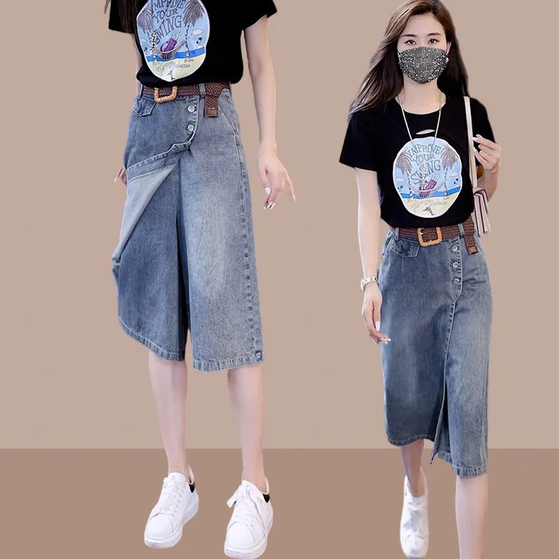 

High Waist Thin Denim Skirt Pants Women's Summer Fashion Loose Wide Leg Pants Long Trousers Cool Sensation Vintage Style
