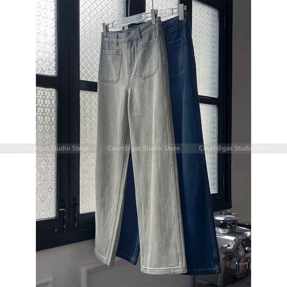 Relaxation pants~Double pocket retro distressed color high waist loose wide leg jeans for women