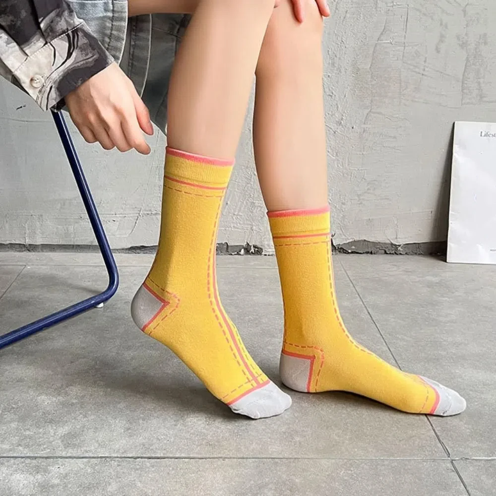 

5Pairs Soft Patchwork Stripe Socks Mid Tube Kawaii Dashed Line Socks Korean Ins Style Anti-slip Socks Women Lady
