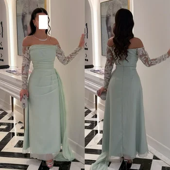 Personalizado intrincado casual jérsei applique plissado em linha reta fora do ombro vestidos longos sob medida vestidos de ocasião combinando elega