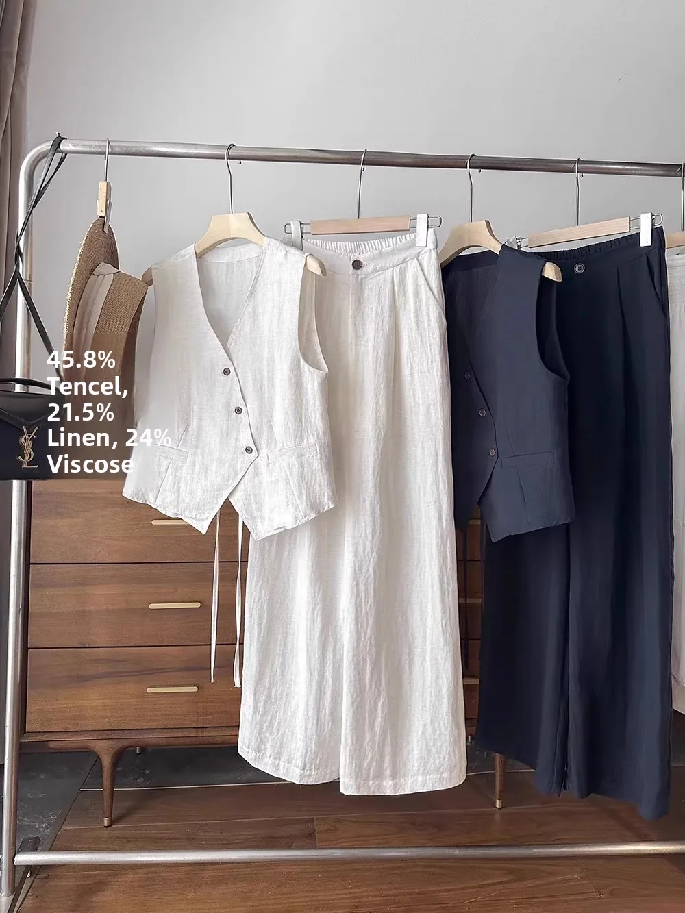 

High Waist Wide Leg Pants V-Ne Svel Tank Top Silk Linen Set Ele Versatile Summer Faion Outfit Two-Piece Suit