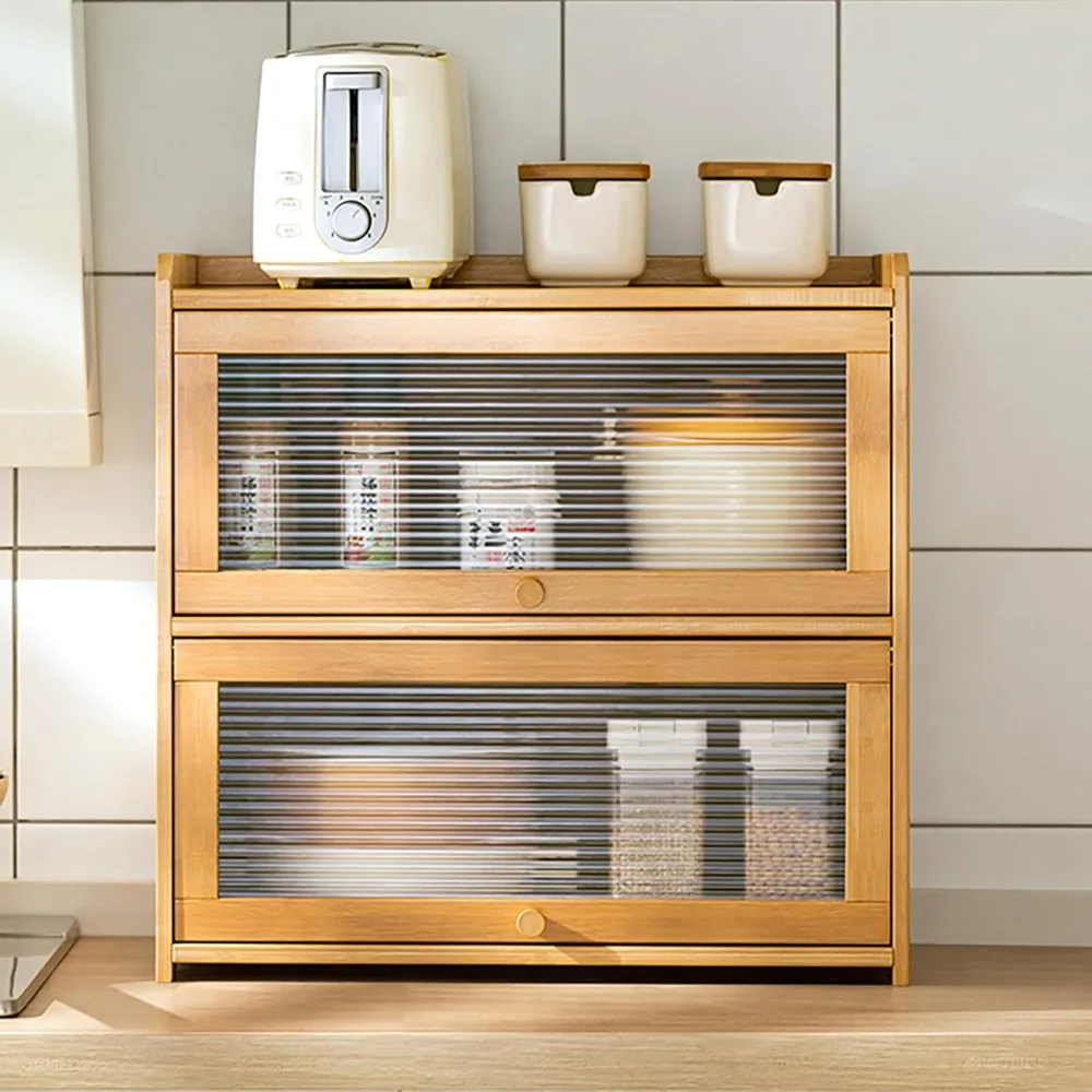 

2-Tier Bamboo Storage Cabinet Countertop Organizer with Clear Acrylic Sliding Doors for Kitchen Condiments Pantry Essentials