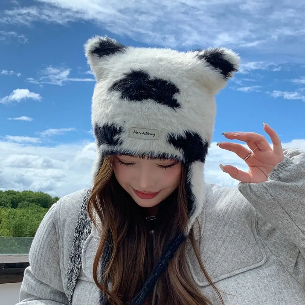 Cycling Cute Panda Ears Ear Protection Hat Soft Winter Warm Beanies Caps Windproof Thickened Knitted Hat Women