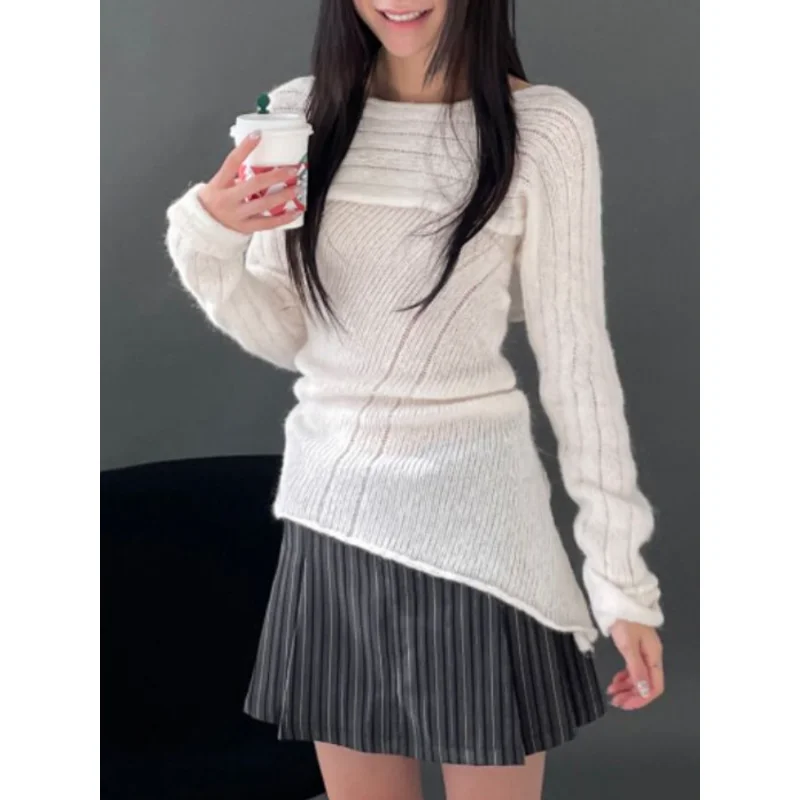 Korean style New Autumn and Spring 2023 Korean Style Blue Vest Condole Tops Ladies' Mesh Shoulder Long-sleeved Sweater 2 Pieces