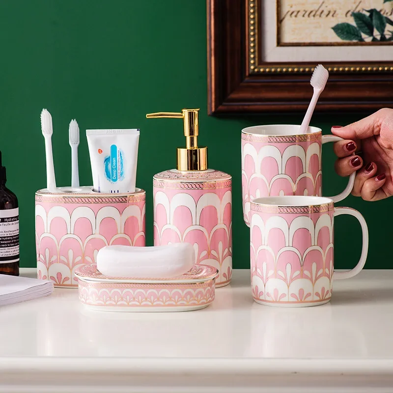 Ceramic Bathroom Wash Five Piece Set Ceramic Mouthwash Cup Bathroom Supplies Bathroom Accessories Soap Dispenser Cup Dispenser