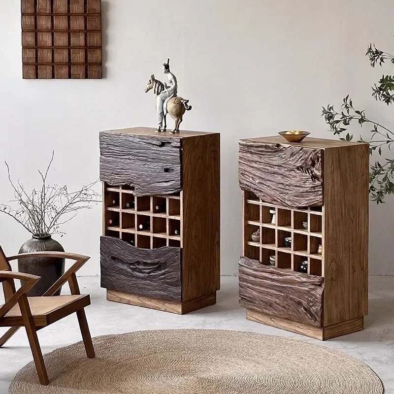 Retro Zen, storage and storage, log display wabi-sabi, solid wood teacup holder, wine cabinet old elm, side cabinet