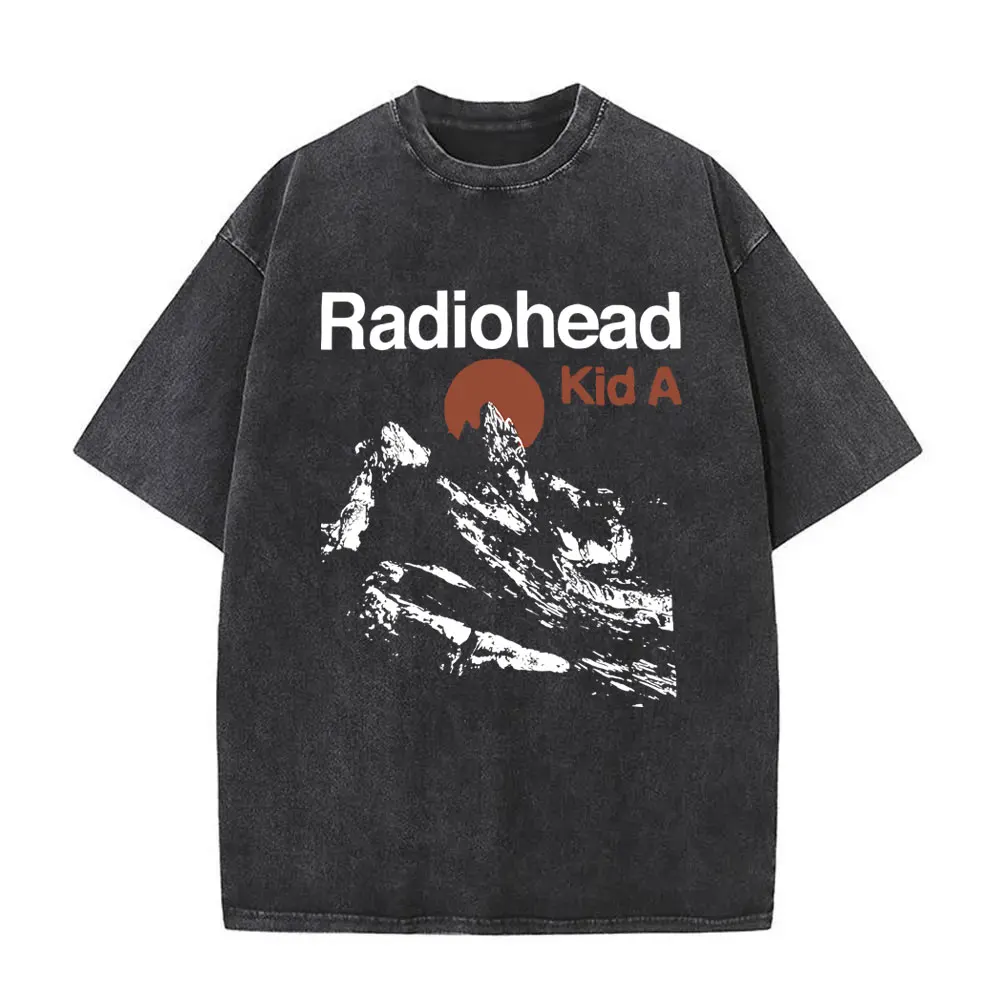 

Washed Vintage Rock Band Radiohead Kid A Album Tour 2000 T Shirt Men Women Retro Gothic Casual Cotton T-shirts Men's Streetwear