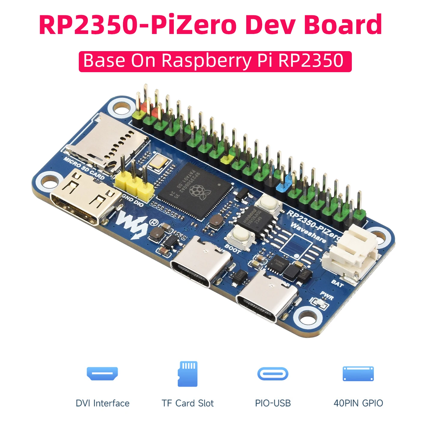 Waveshare RP2350-PiZero Development Board Raspberry Pi Pico 2 Base On RP2350B 16M Flash DVI PIO-USB Interface Microcontroller