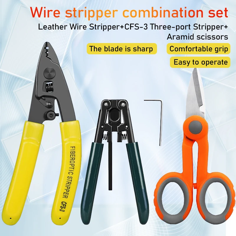 FTTH Tool Kit With Fiber Optic stripper 3 Hole Optical Wire Cable Stripping Tools CFS-3 Leather Wire Stripper,Kevlar Scissors