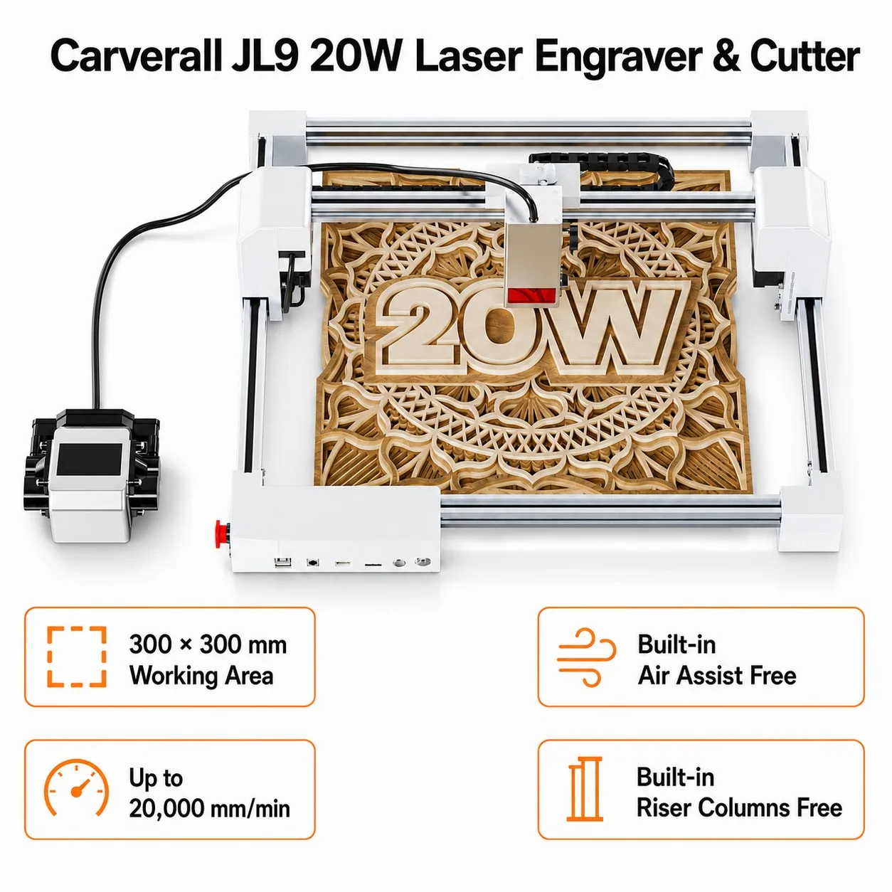 Carverall JL9 20W Laser Engraver Cutter, 300x300mm Desktop Laser Engraving Machine with Dual-Motor Drive, Air Assist, 0.01mm Precision, 3 Focus Modes, WiFi/App/LightBurn/CutLabX, for Wood Acrylic Leather DIY Small Business