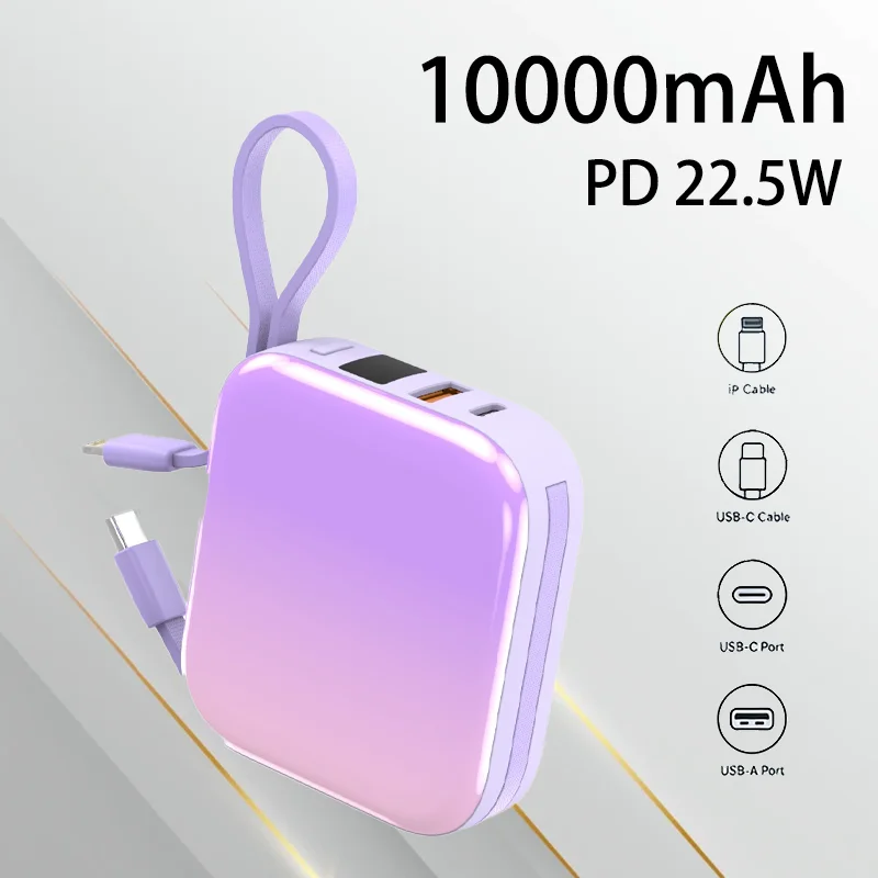 

Fast Charging 10000mAh Power Bank Mini Portable Handle Built-in Cable LED Digital Display Portable Charger for Smart Phones