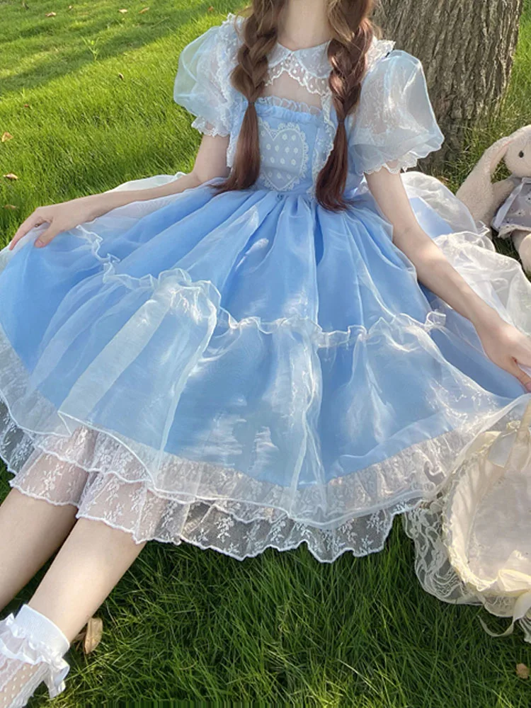 KIMOKOKM Spring Summer Girly Lolita Style Japanese Organza Dress Vintage Peter Pan Collar Kawaii Puff Sleeve Lace Princess Dress