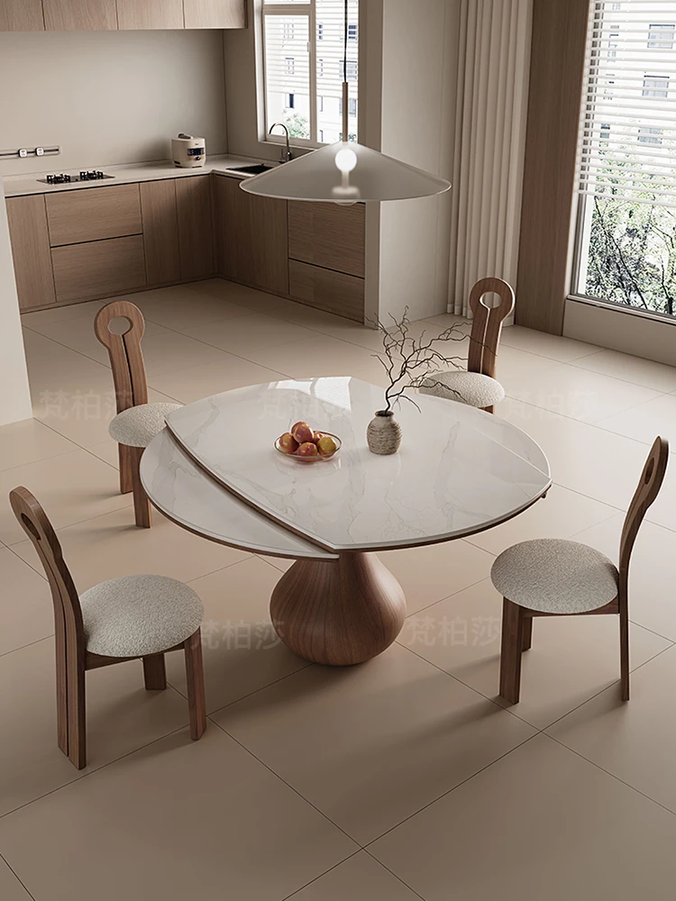 Nordic Solid Wood Retractable Stone Plate Dining Table Simple Small Apartment White Wax Folding Square round Dining Table