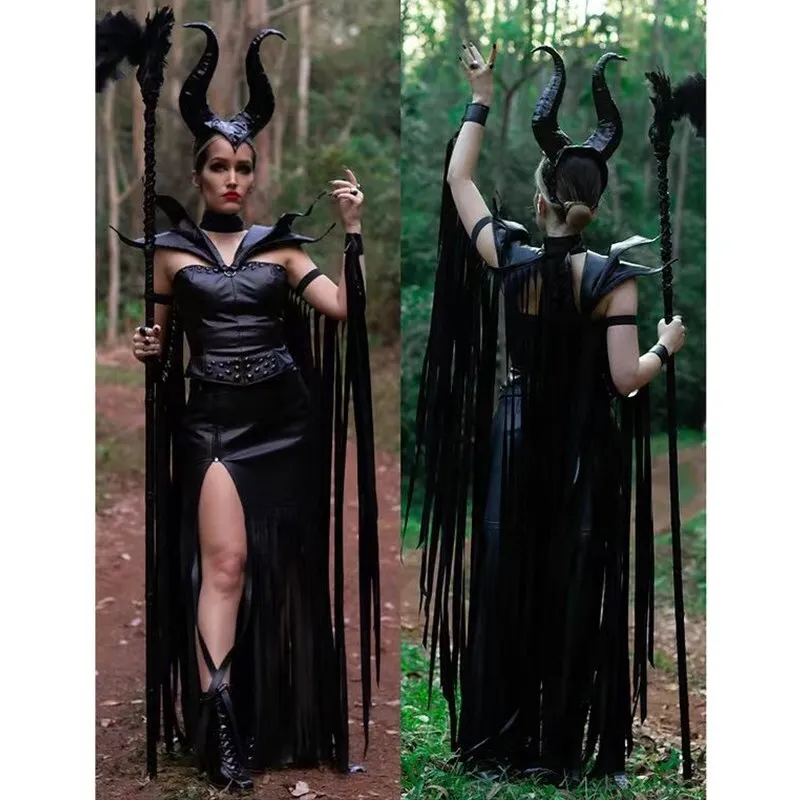 

Fulujiacos Black Witch Costume Halloween Party Costume Maleficent Dress Headwear Full Set