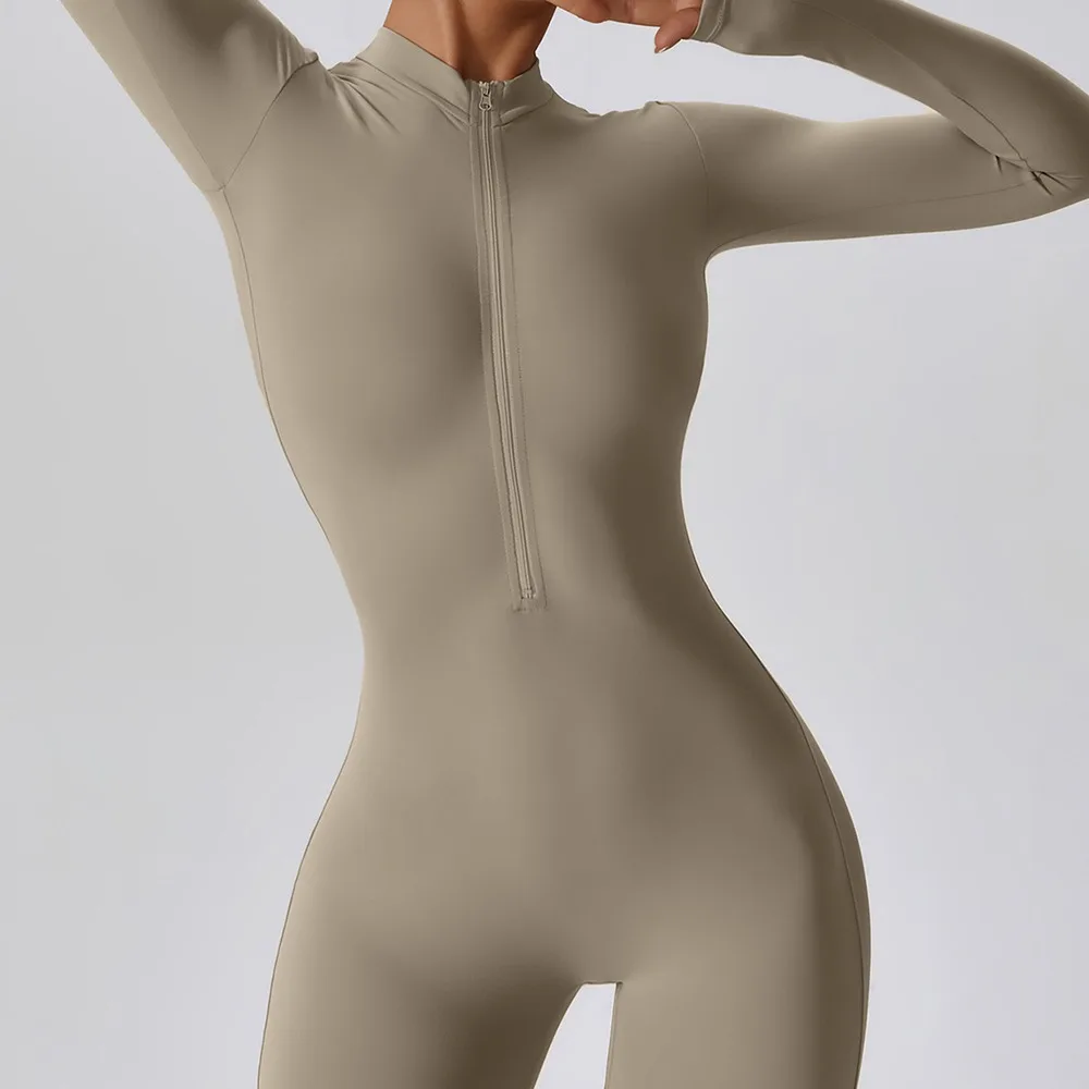Sexy Zipper Long Sleeve Jumpsuits Long Sleeve Multipurpose Workout Tracksuit Solid Color Women Sportswear Dance