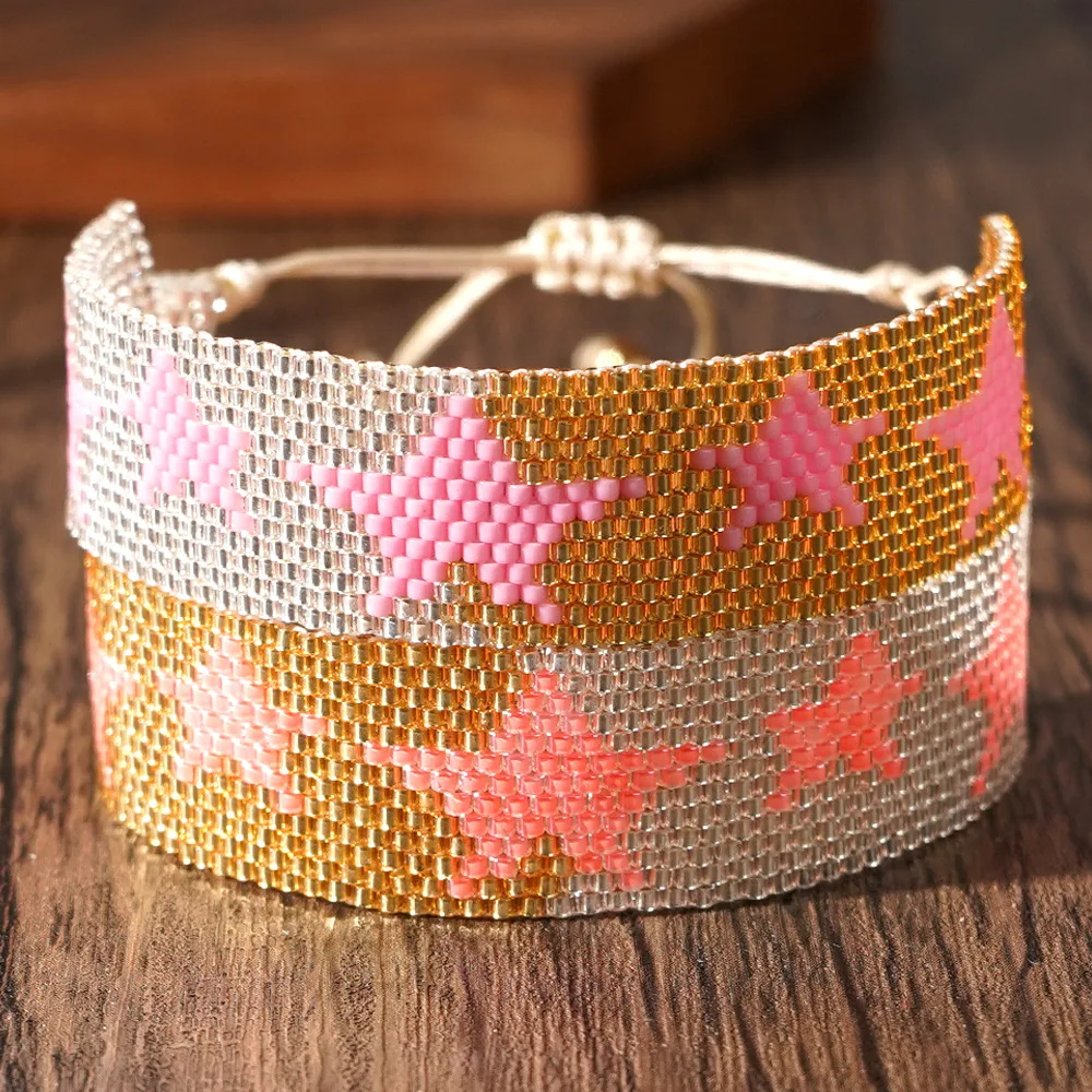 

ZGMXR Браслет из рисовых бусин, оригинальные модные звезды, пятиконечная звезда, красочный узор, регулируемый ручной работы, браслет из бисера в богемном стиле