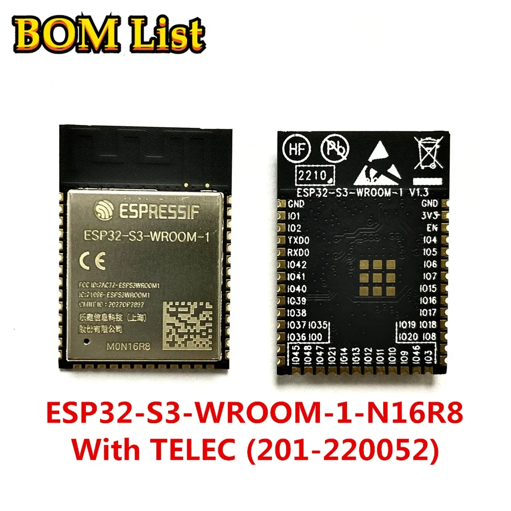 ESP32-S3-WROOM-1-N16R8 with TELEC (201-220052) ESP32-S3-WROOM-1 16MB 2.4GHz Wi-Fi and BLE 5 MODULE PCB Antenna Wireless Module