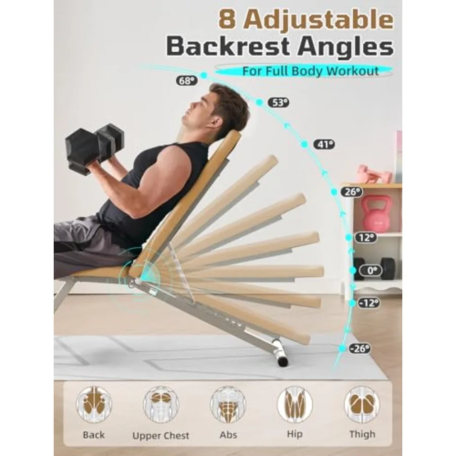 880LB Weight Bench for Home Gym 8-Position Backrest Adjustable Workout Bench for Strength Training Incline Decline Flat Foldabl