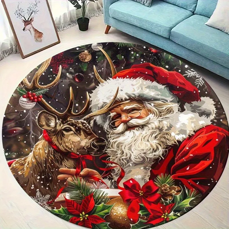 Santa Deer Round Rug vintage portrait santa claus reindeer snowing pine poinsettia art 80x80cm