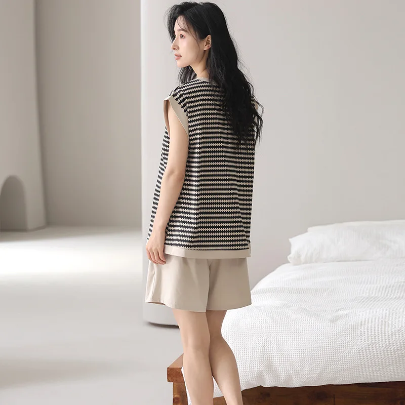 Pajamas with Chest Pads Women Summer New Pure Cotton Sleeveless Vest Shorts Thin Japanese Stripes Can Be Worn Outside Loungewear
